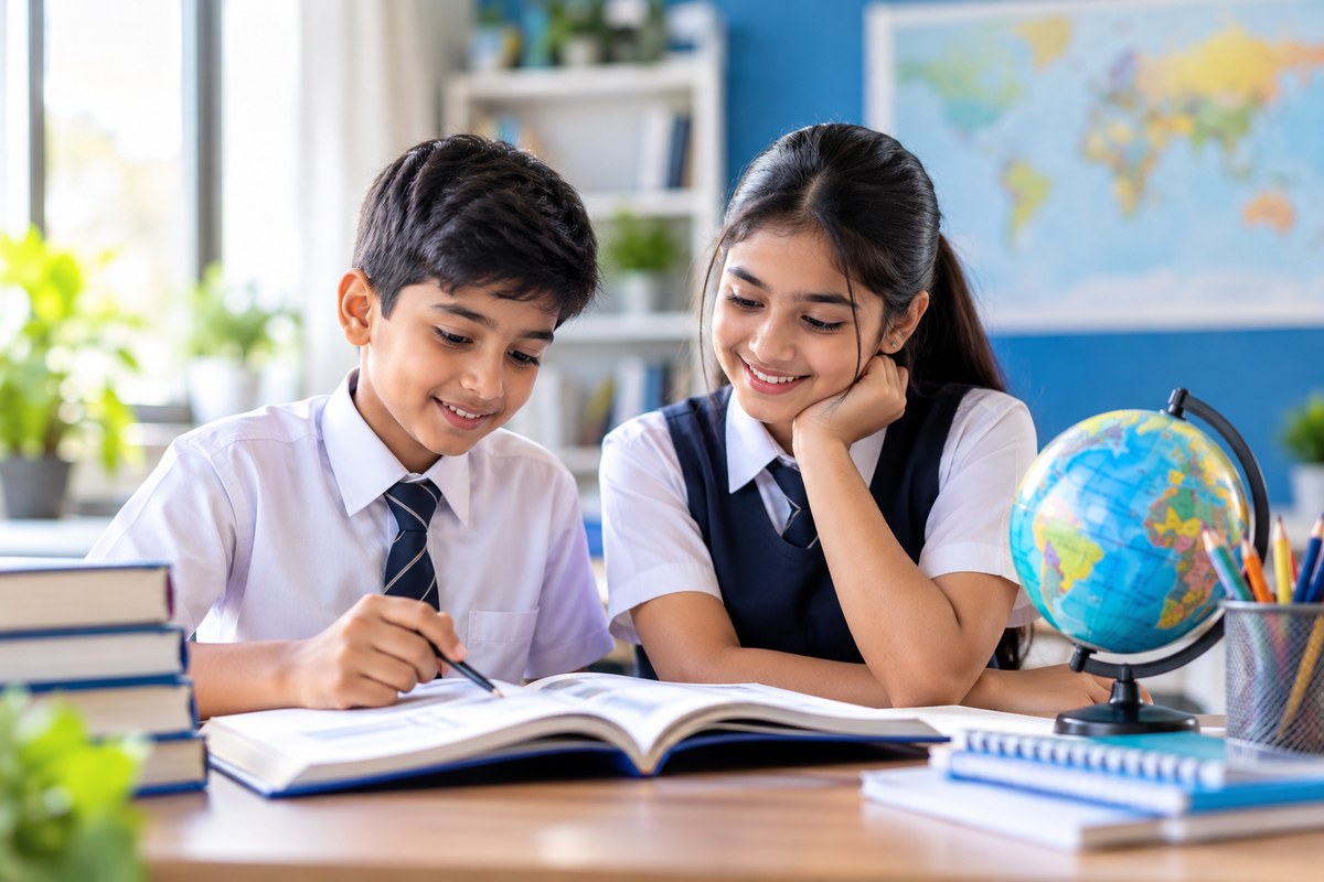 Primary student studying with a book